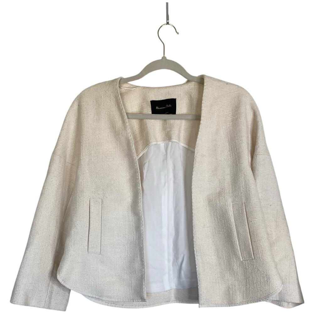 Massimo Dutti Cream Open-Front Tweed Blazer